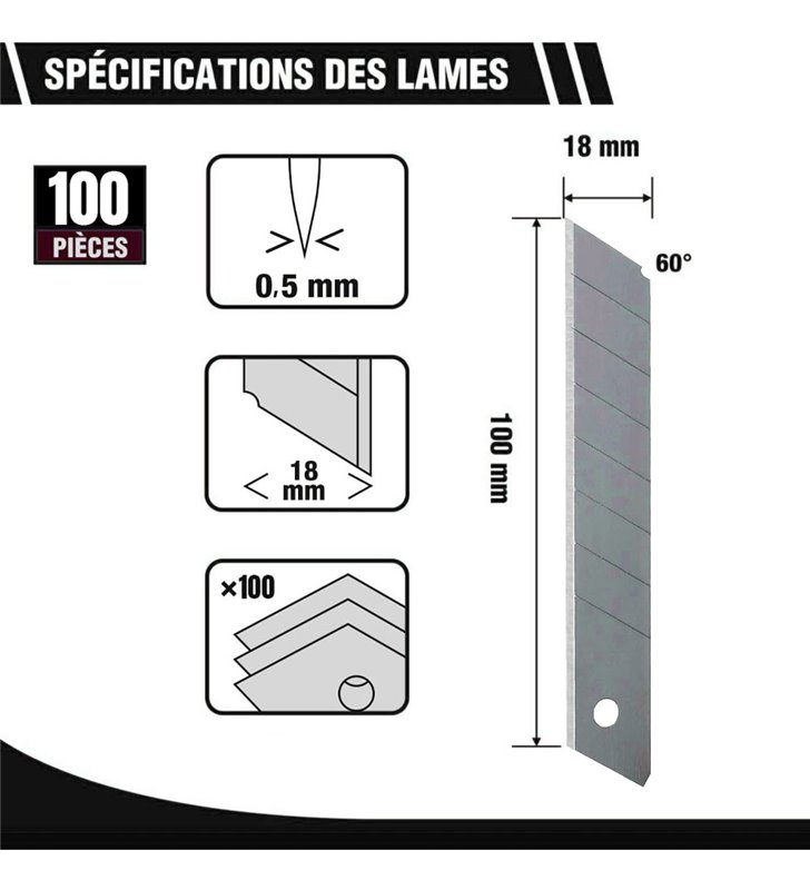 Lot de cutters professionnels jaunes Couteau utilitaire rétractable avec 100 lames 18mm