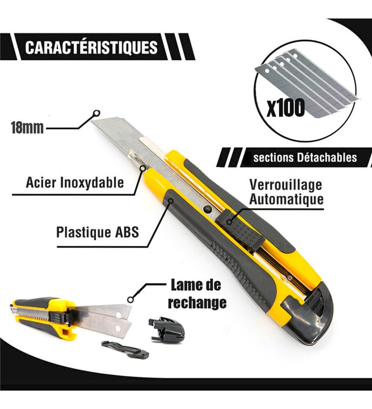 Lot de cutters professionnels jaunes Couteau utilitaire rétractable avec 100 lames 18mm