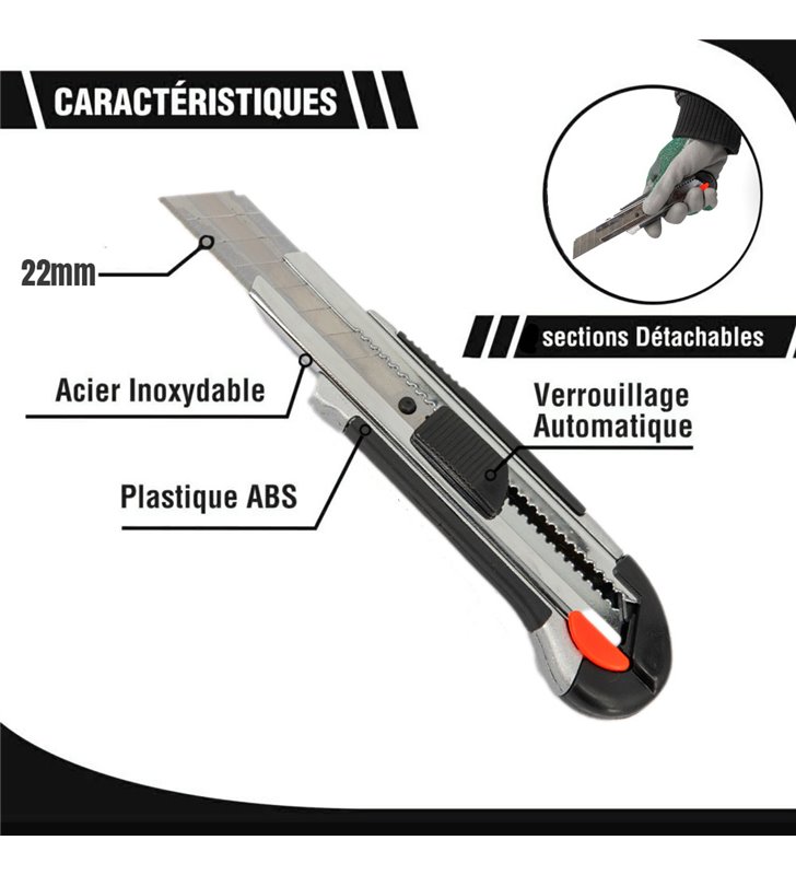 Lot de cutters professionnels rétractables Couteau utilitaire avec stockage de 2 lames 22mm