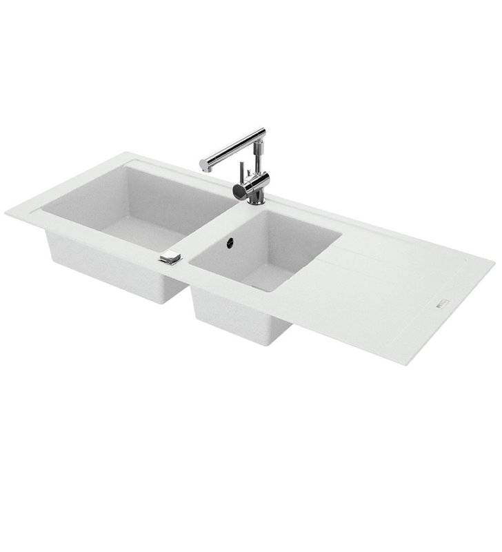 Evier de cuisine à encaster 2 cuves bacs en résine minérale Blanc 117 x 50 cm