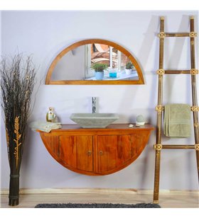 Ensemble meuble de salle de bain suspendu en teck 120 cm avec miroir et vasque grise