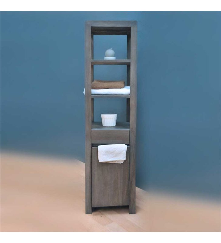 Colonne de rangement salle de bain en bois teck gris vieilli