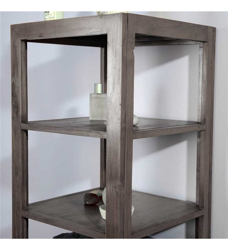 Colonne de rangement salle de bain en bois teck gris vieilli
