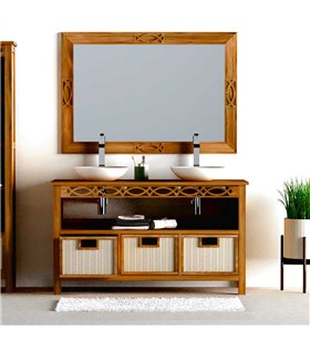 Ensemble meuble vasque salle de bain en bois teck massif naturel 140 cm avec miroir