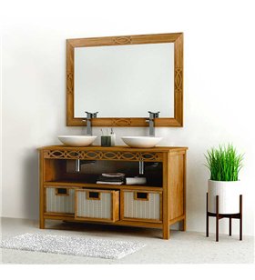 Ensemble meuble vasque salle de bain en bois teck massif naturel 140 cm avec miroir