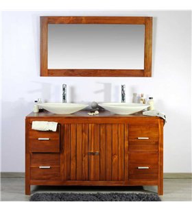Ensemble meuble vasque et miroir salle de bain en bois teck naturel 140 cm