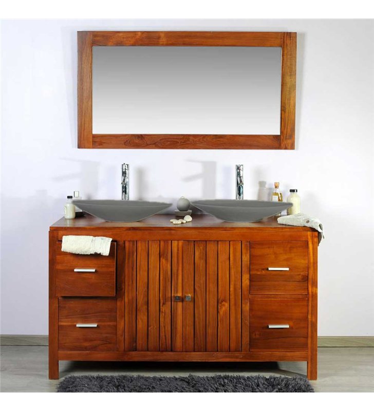 Ensemble meuble vasque et miroir salle de bain en bois teck naturel 140 cm