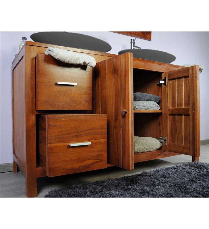 Ensemble meuble vasque et miroir salle de bain en bois teck naturel 140 cm
