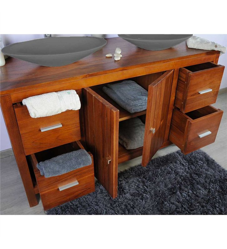 Ensemble meuble vasque et miroir salle de bain en bois teck naturel 140 cm