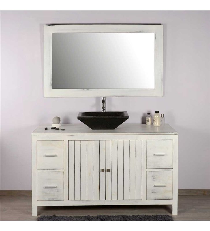 Ensemble meuble vasque et miroir salle de bain en bois teck blanc naturel 140 cm