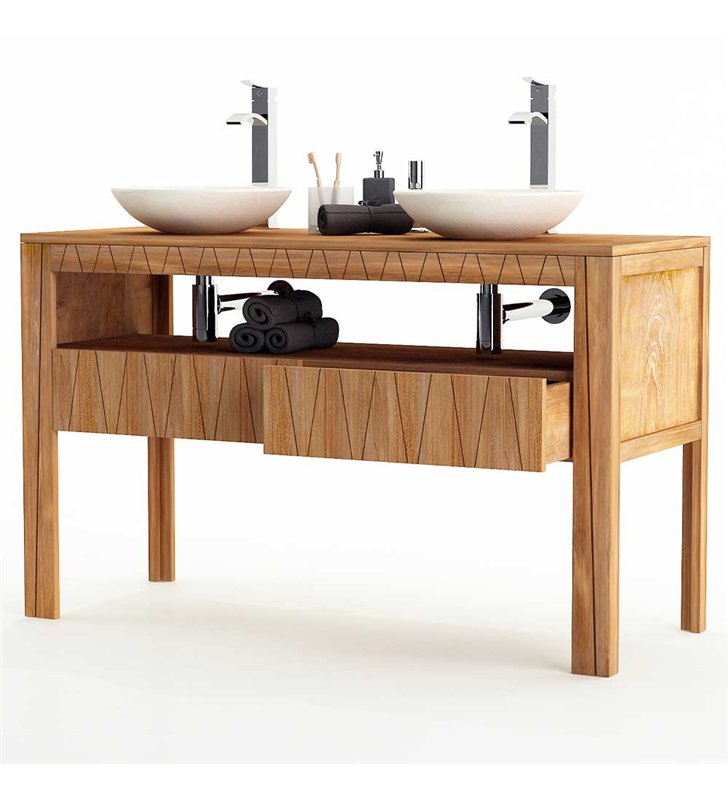 Ensemble meuble vasque salle de bain Borneo 140 cm en bois teck Massif avec miroir