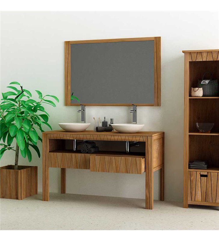 Ensemble meuble vasque salle de bain Borneo 140 cm en bois teck Massif avec miroir