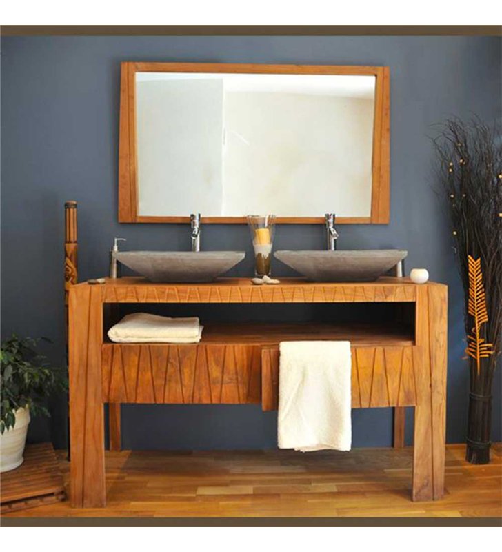 Ensemble meuble vasque salle de bain Borneo 140 cm en bois teck Massif avec miroir