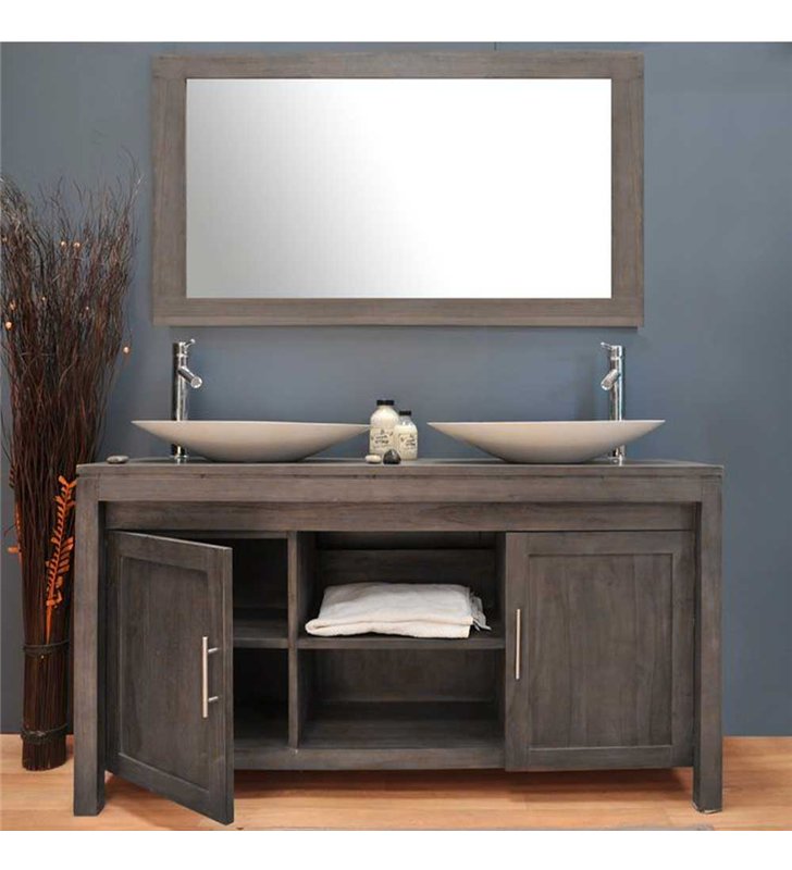Ensemble meuble vasque salle de bain 140 cm en bois exotique grisé avec miroir