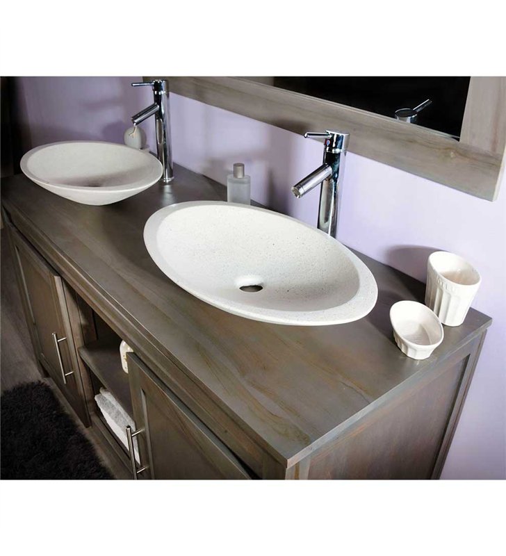 Ensemble meuble vasque salle de bain 140 cm en bois exotique grisé avec miroir