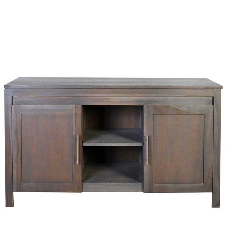 Ensemble meuble vasque salle de bain 140 cm en bois exotique grisé avec miroir