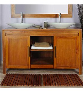 Ensemble meuble vasque salle de bain en bois teck naturel exotique 140 cm avec miroir