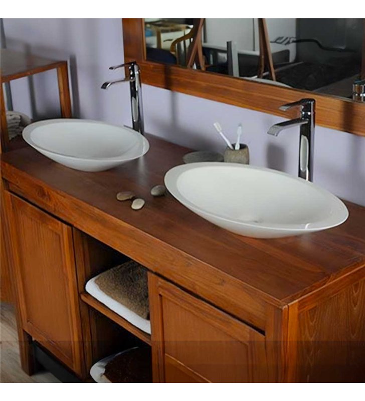 Ensemble meuble vasque salle de bain en bois teck naturel exotique 140 cm avec miroir