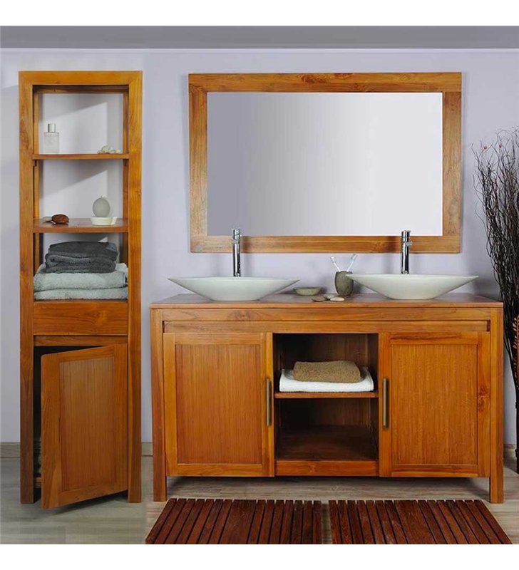 Ensemble meuble vasque salle de bain en bois teck naturel exotique 140 cm avec miroir