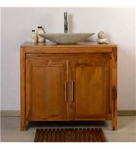 Ensemble meuble vasque 90 cm en teck naturel avec miroir de salle de bain