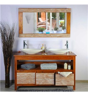Ensemble meuble vasque salle de bain 140 cm en teck avec miroir et accessoires