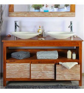 Ensemble meuble vasque salle de bain 140 cm en teck avec miroir et accessoires