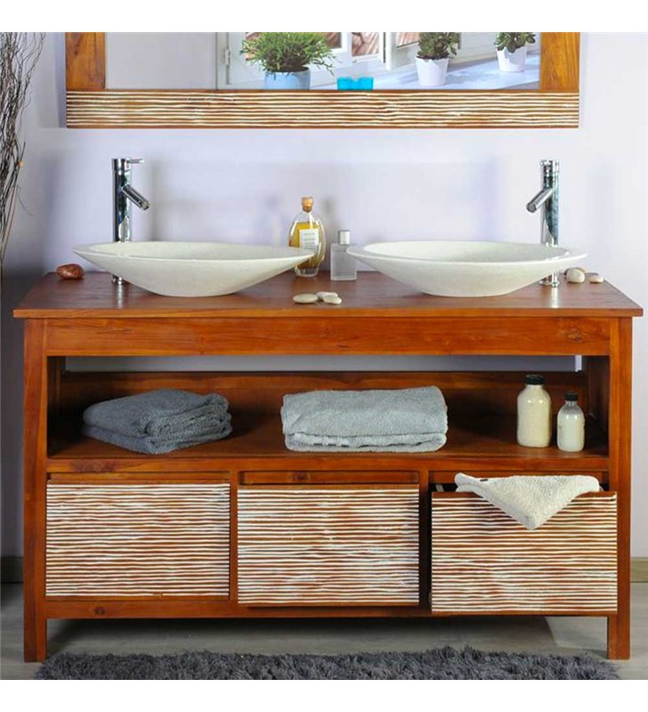 Ensemble meuble vasque salle de bain 140 cm en teck avec miroir et accessoires