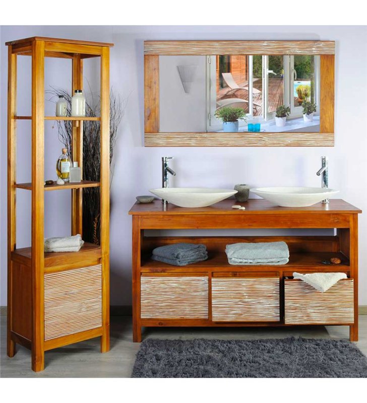 Ensemble meuble vasque salle de bain 140 cm en teck avec miroir et accessoires