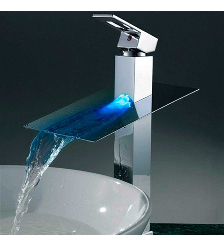 Robinet Lavabo et Vasque Haut Mitigeur lumineux design Cascade Verre et chromé