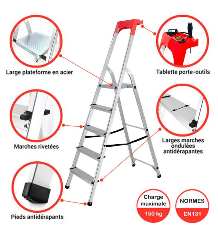 Escabeau pliable 5 marches léger en aluminium 150 kg 55 cm Safetool porte outil