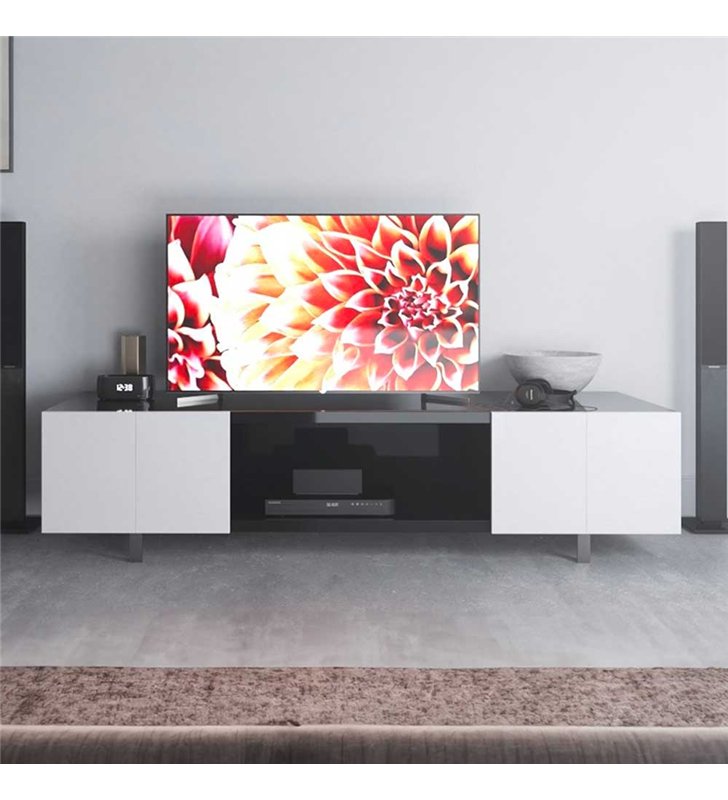Meuble TV laqué blanc et noir 210 cm Design moderne 2 portes