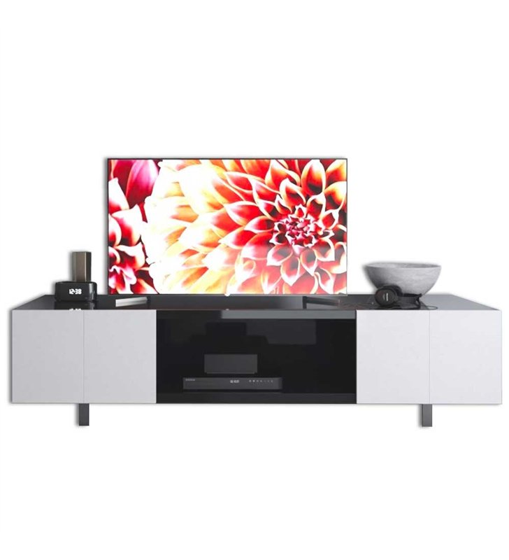 Meuble TV laqué blanc et noir 210 cm Design moderne 2 portes
