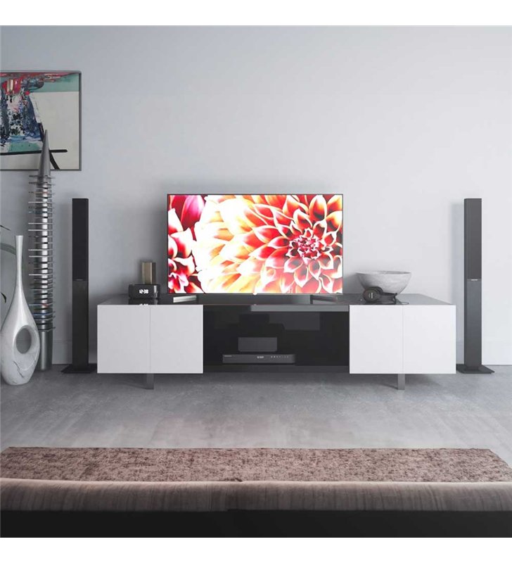 Meuble TV laqué blanc et noir 210 cm Design moderne 2 portes