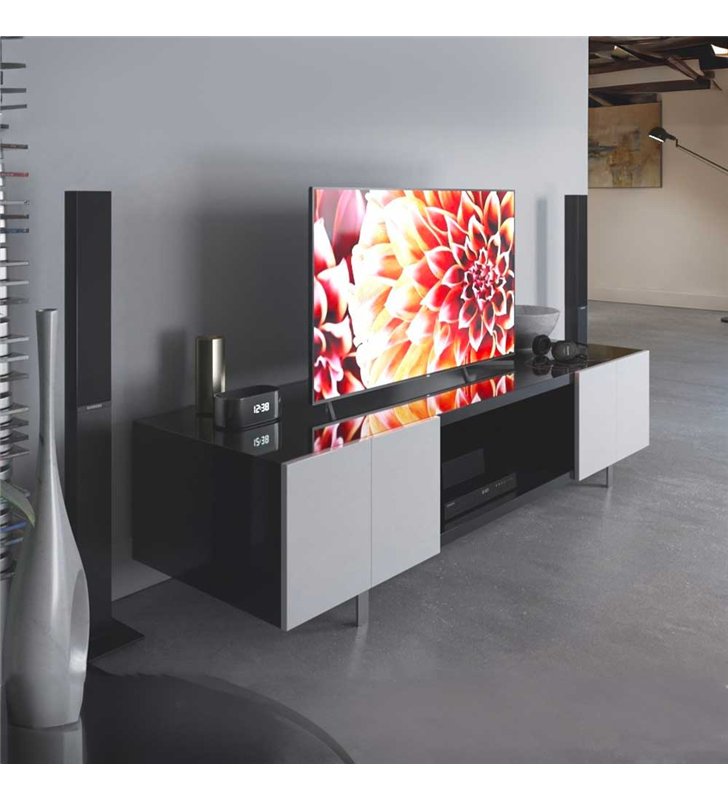 Meuble TV laqué blanc et noir 210 cm Design moderne 2 portes