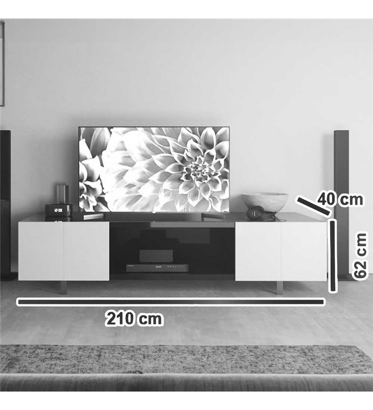 Meuble TV laqué blanc et noir 210 cm Design moderne 2 portes