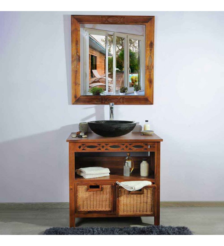 Ensemble meuble salle de bain en teck massif 85 cm avec miroir et 1 vasque blanche