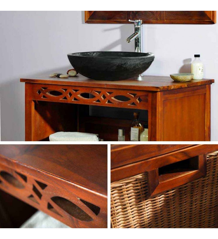 Ensemble meuble salle de bain en teck massif 85 cm avec miroir et 1 vasque blanche