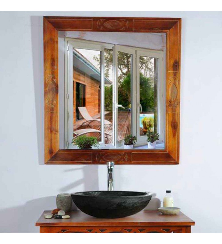 Ensemble meuble salle de bain en teck massif 85 cm avec miroir et 1 vasque blanche