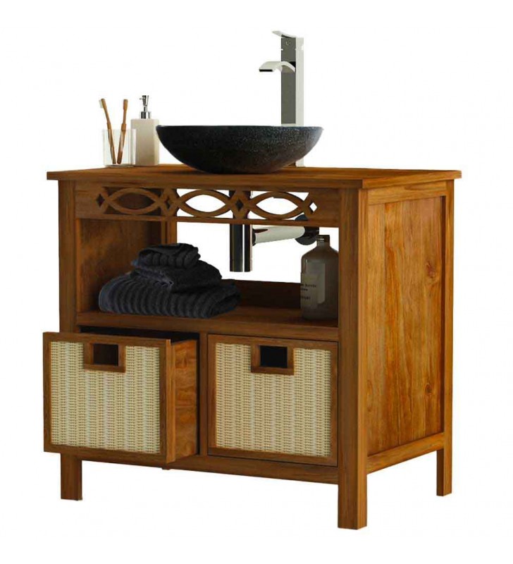 Ensemble meuble salle de bain en teck massif 85 cm avec miroir et 1 vasque blanche