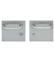 Paire de poignées sur plaque acier carrée avec bouton condamnation et voyant pour toilette PMR Bricard
