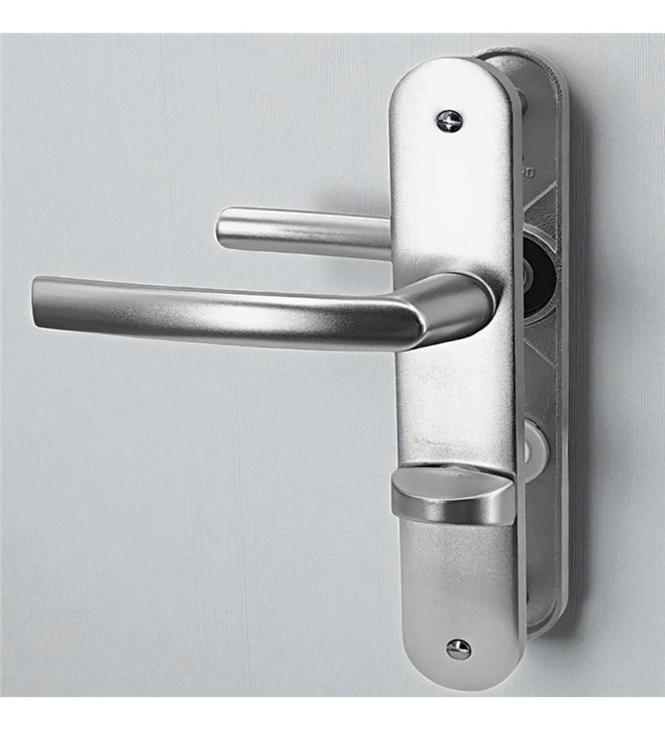 Paire de poignées de porte sur plaques aluminium 190 mm avec verrou et voyant de condamnation Bricard