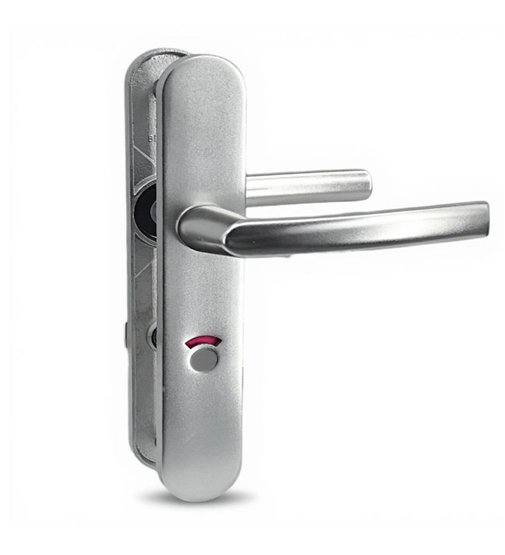 Paire de poignées de porte sur plaques aluminium 190 mm avec verrou et voyant de condamnation Bricard