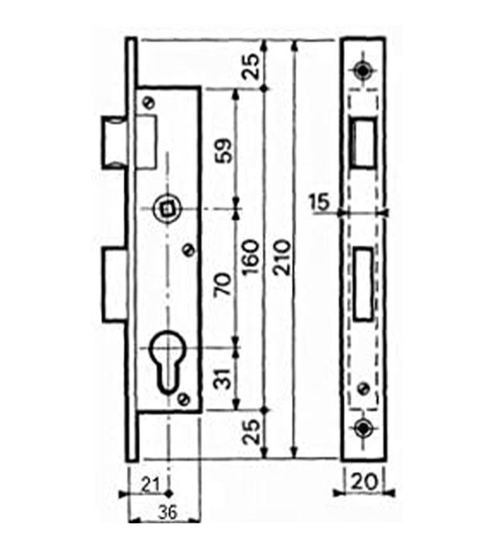 Serrure à encastrer de porte et menuiserie metalique a cylindre Axe 21 mm Reversible Bricard