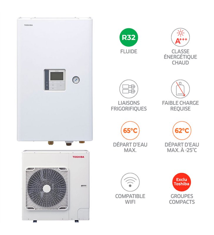 Pompes a chaleur bibloc air eau monophasé et module hydraulique Toshiba Estia 11 kW Wifi