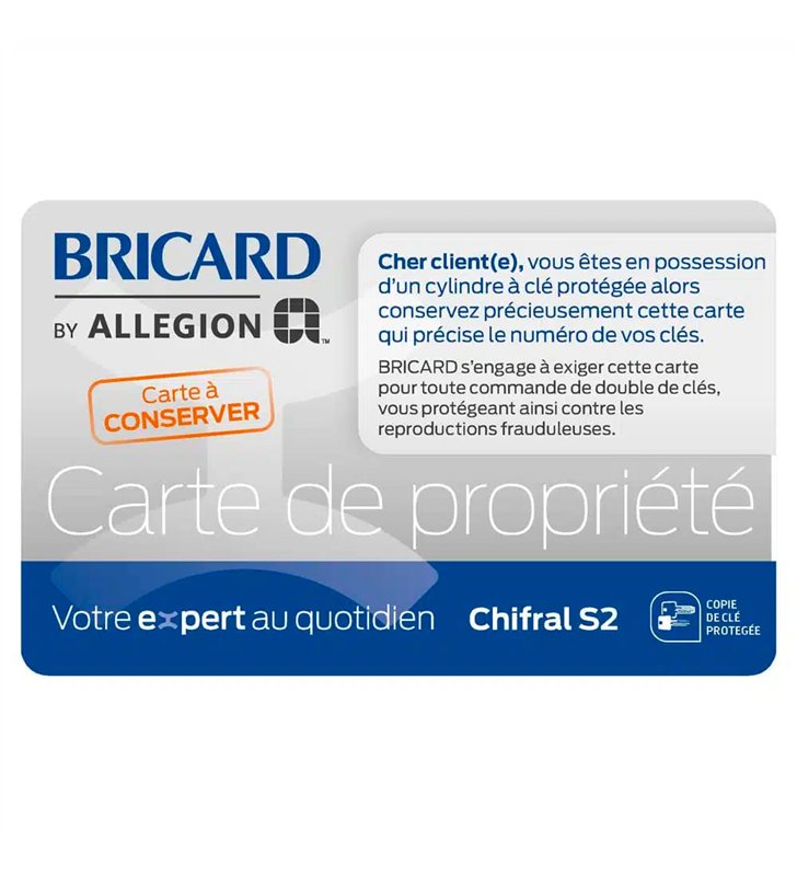 Cylindre serrure 30 x 65 mm CHIFRAL S2 A2P 3 debrayable 4 clés et carte BRICARD