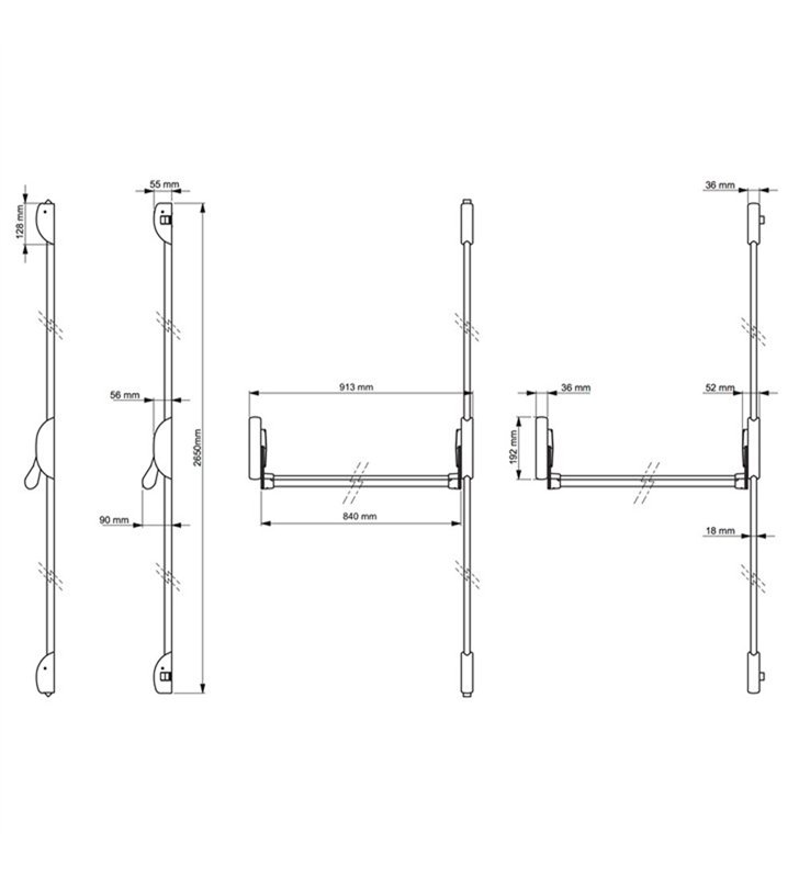 Serrure barre anti-panique 1 point exiDOM coupe-feu en applique réversible aluminium 1150 mm