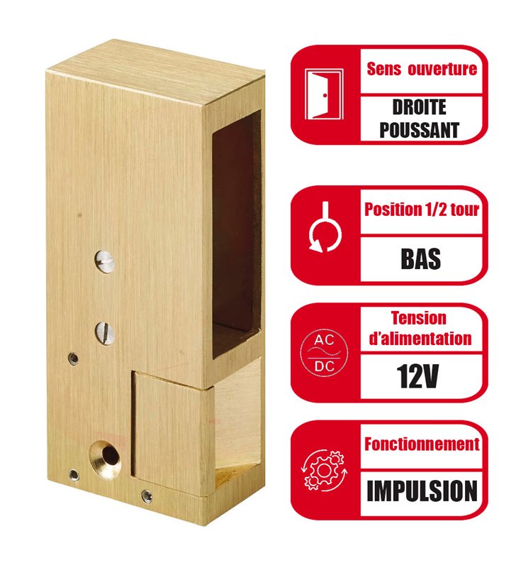 Gache électrique en applique 12 V serrure verticale porte droite à émission Beugnot 2 BIS