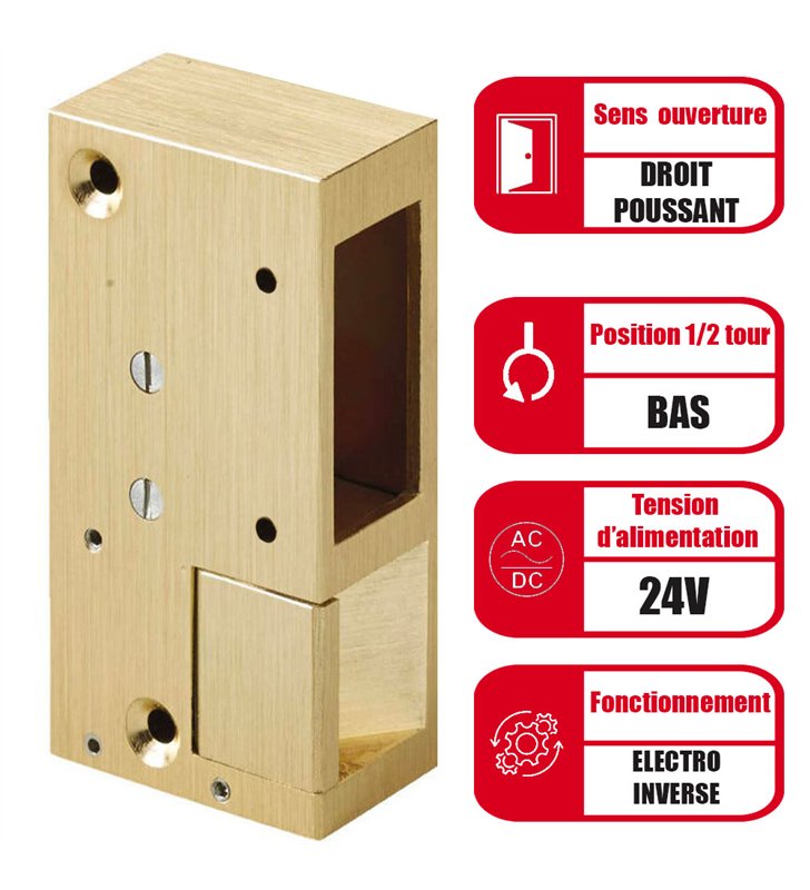 Gache électrique en applique électro inversé 100mm 24V serrure Muel 100 horizontale droit Beugnot