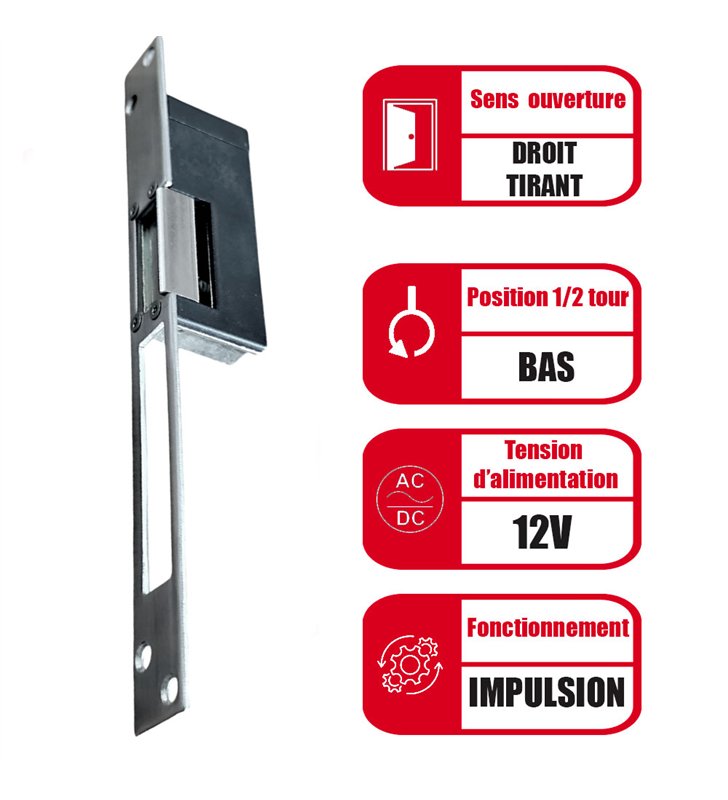 Gache électrique à encastrer 99 mm 12V droit tirant à émission Beugnot WP 1000