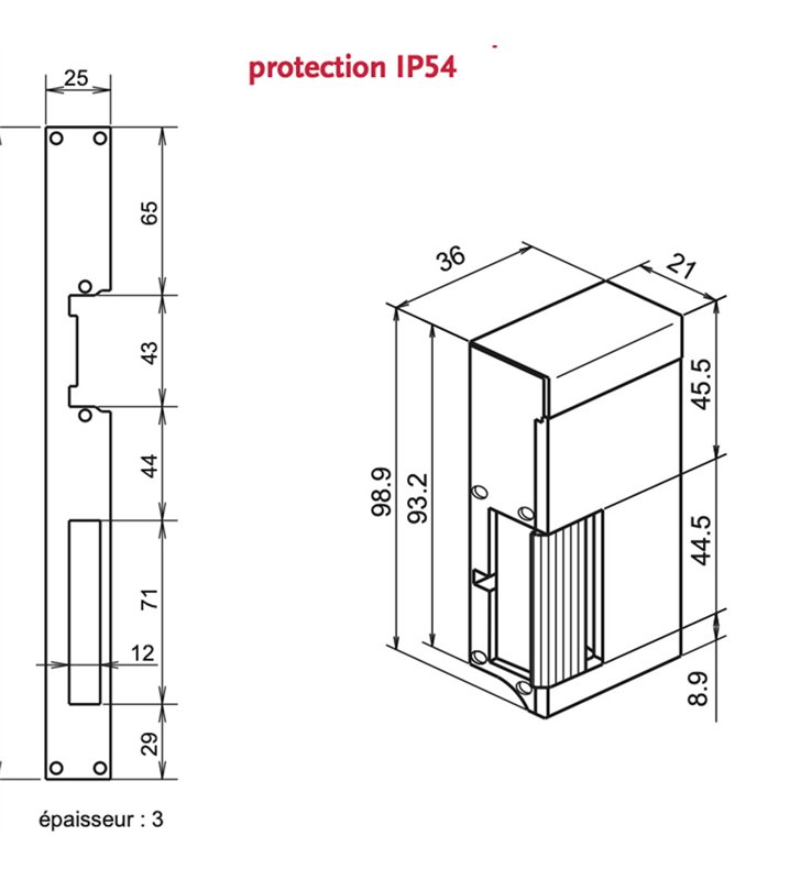 Gache électrique à encastrer 99 mm 12V droit tirant à émission Beugnot WP 1000